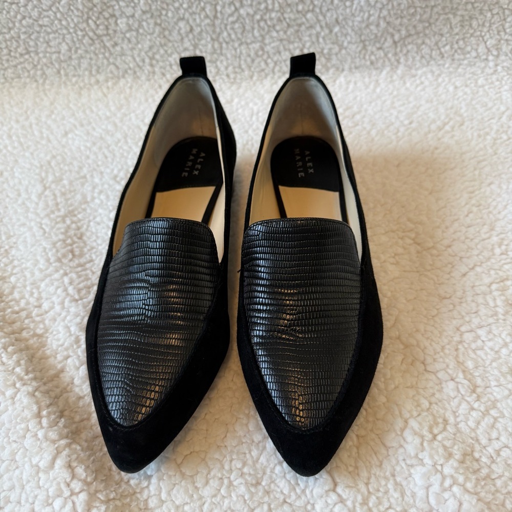 Alex Marie Black Flat Loafers with Snake Skin Embossed Leather - Sz 9.5
